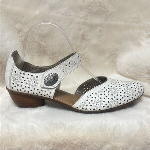 Rieker White and Brown Leather Flats with Perforated Design